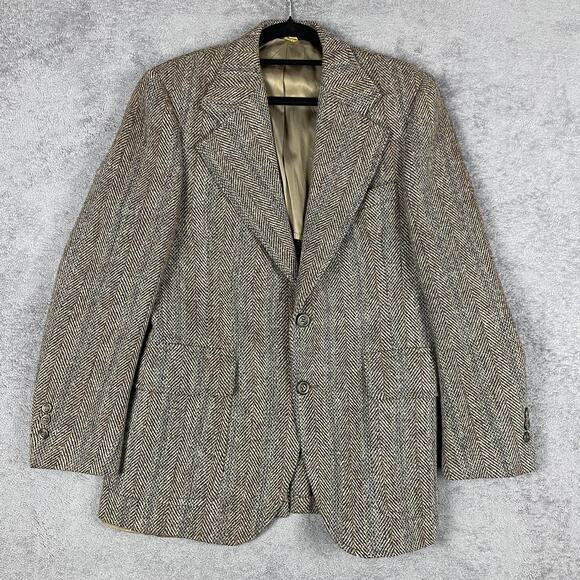 Harris Tweed Blazer Mens 38R Brown Herringbone Wool Sport Coat Made USA Scotland - Picture 1 of 14